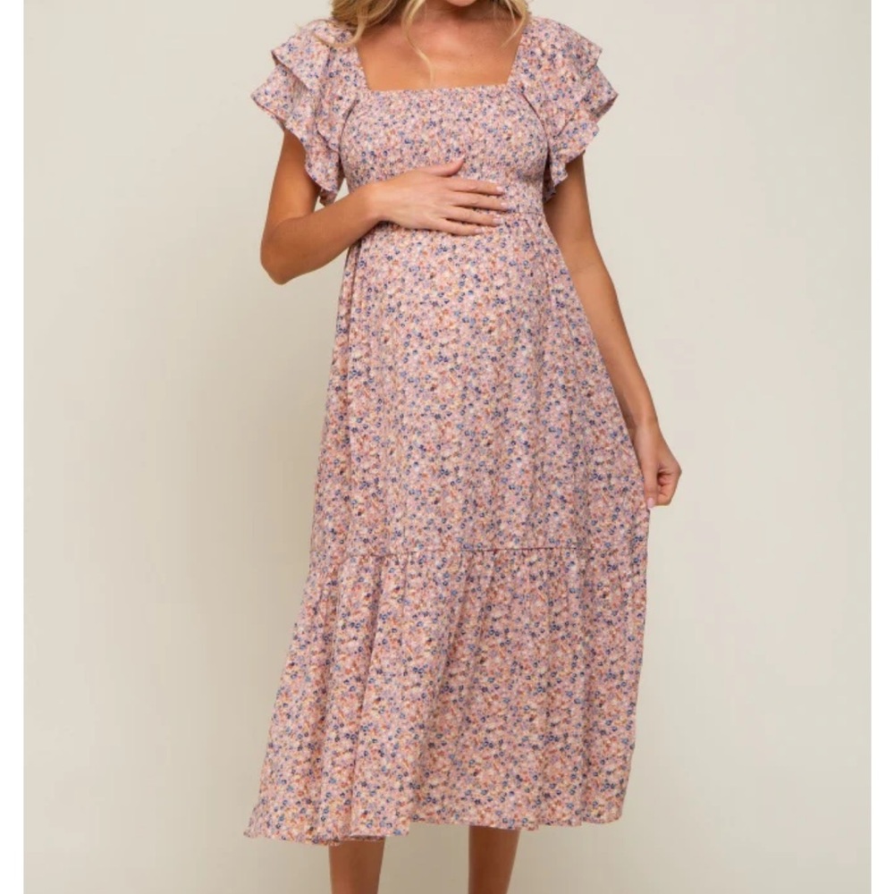 Pinkblush Light Pink Floral Flutter Maternity Midi Dress Size Small